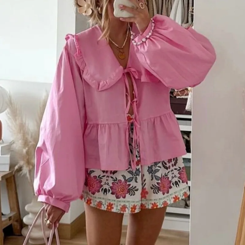 Casual Solid Ruffles Bow Tie Shirt Women Peter Doll Collar Loose Full Sleeve Shirts Fashion 2024 New Summer Women Sweet blouse
Casual Solid Ruffles Bow Tie Shirt Women Peter Doll Collar Loose Full Sleeve Shirts Fashion 2024 New Summer Women Sweet blouse