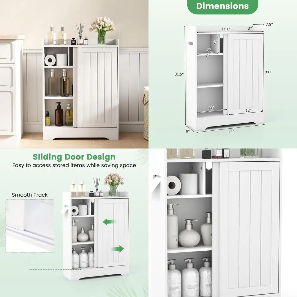 Space-Saving White Bathroom Floor Cabinet with Sliding Doors, Adjustable Shelves, Toilet Paper Holders, and Brush Compartment
Space-Saving White Bathroom Floor Cabinet with Sliding Doors, Adjustable Shelves, Toilet Paper Holders, and Brush Compartment