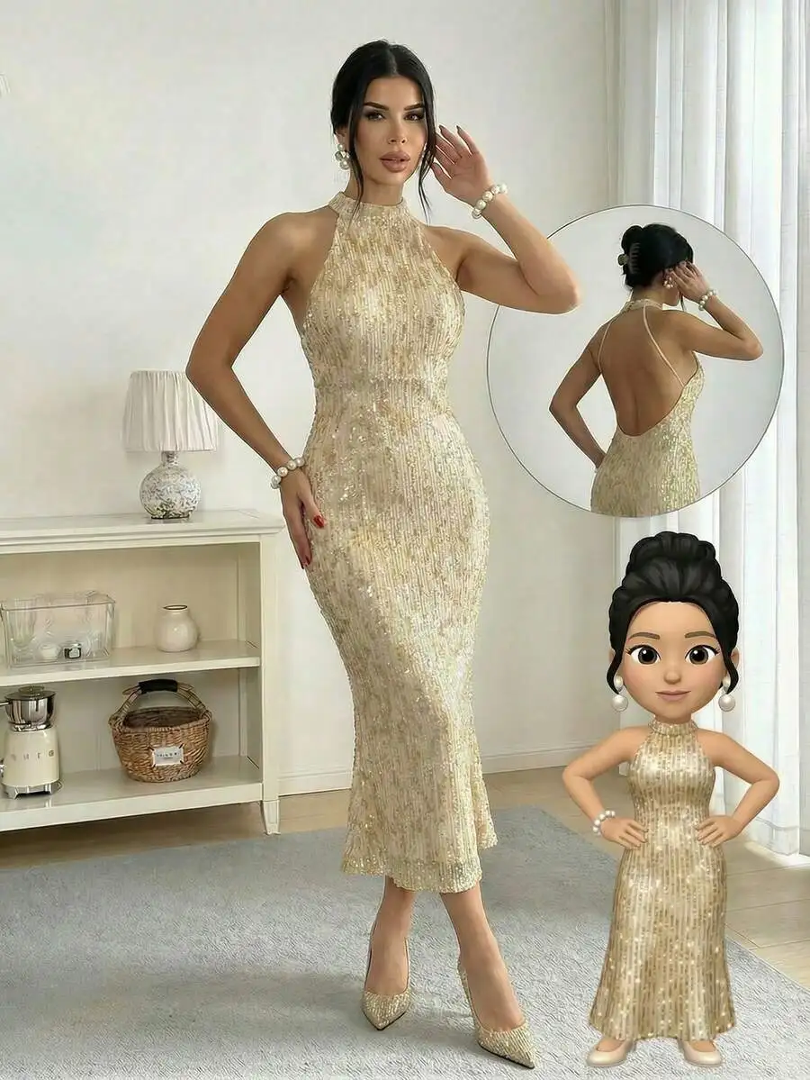 Womens Ombre Sequin Sleeveless Halter Maxi Dress Backless Elegant Formal Gown For Wedding Party Gala
Womens Ombre Sequin Sleeveless Halter Maxi Dress Backless Elegant Formal Gown For Wedding Party Gala