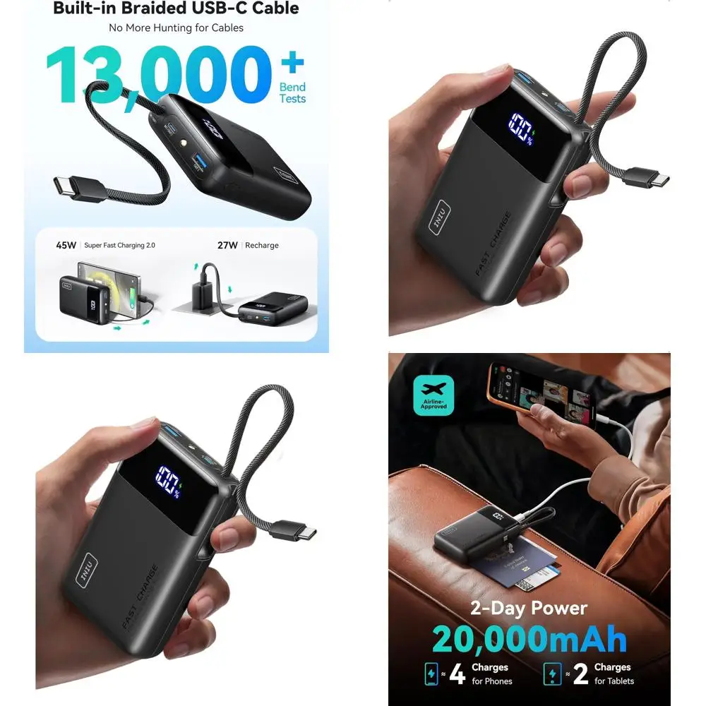 Compact 20000mAh Power Bank with Integrated USB-C Cable, 45W Fast Charging, Portable Charger for iPhones, iPads, and More
Compact 20000mAh Power Bank with Integrated USB-C Cable, 45W Fast Charging, Portable Charger for iPhones, iPads, and More
