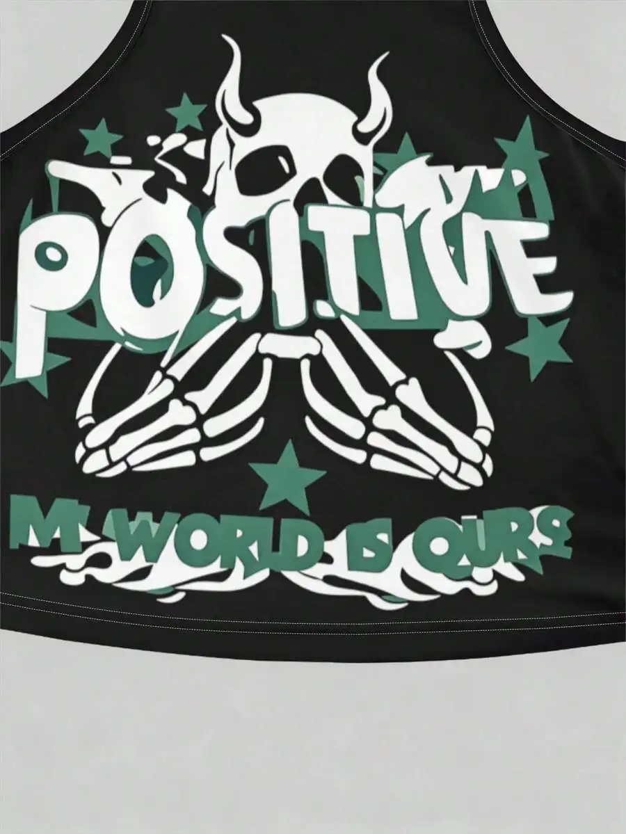 Womens Black Green Skull Graphic Sports Tank Top With Positive My World Is Ours Print
Womens Black Green Skull Graphic Sports Tank Top With Positive My World Is Ours Print