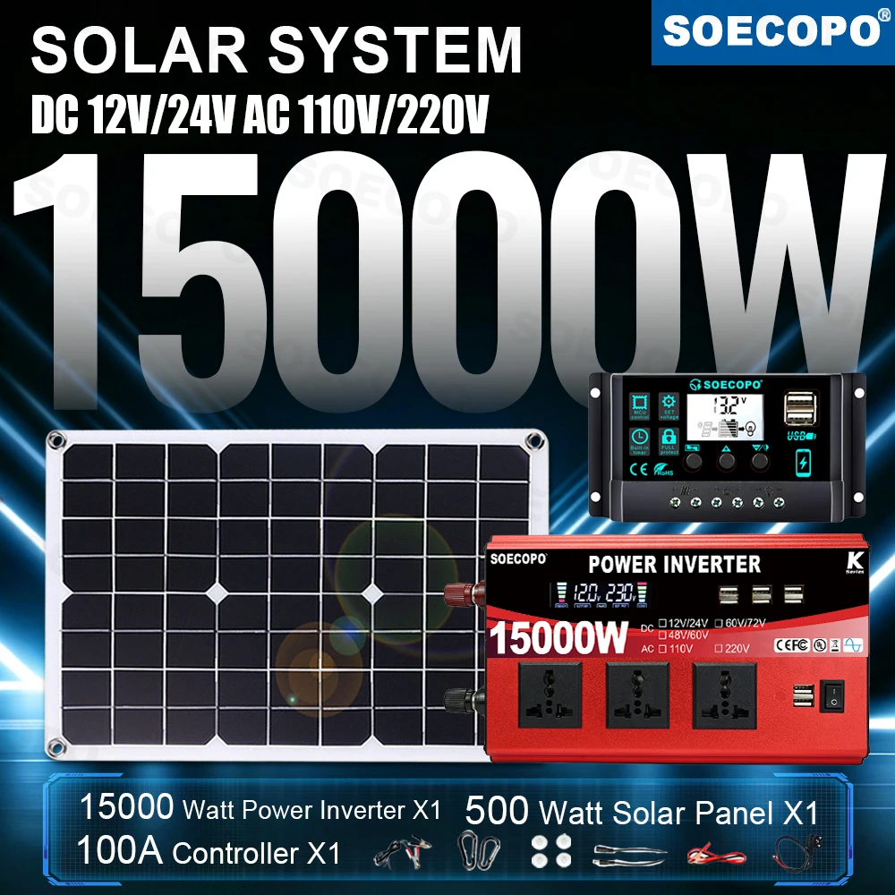 Stable Output 15000W Peak Solar Kit 500W Panel 100A Controller 12V24V 110V 220V Inverter Generator with 8USB Ports for Off Grid
Stable Output 15000W Peak Solar Kit 500W Panel 100A Controller 12V24V 110V 220V Inverter Generator with 8USB Ports for Off Grid