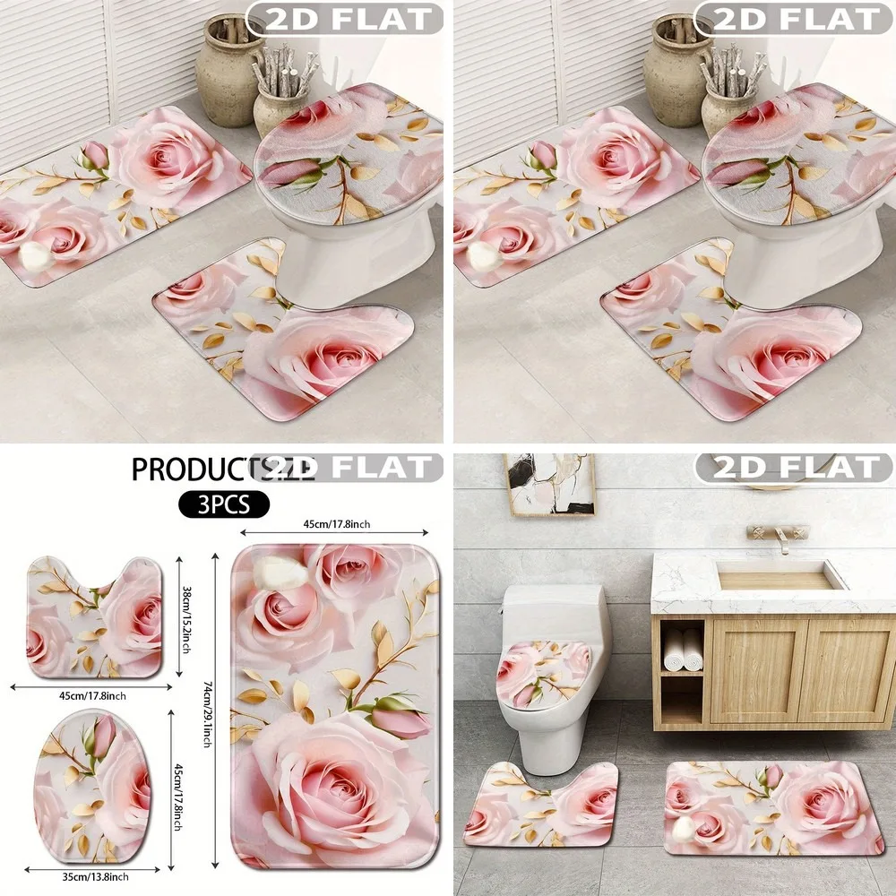 2D Flat 3pcs Bathroom Rug Set Pink Roses Floral Pattern Print Design Non-Slip Washable Bath Mats Set for Kitchen Bedroom Decor
2D Flat 3pcs Bathroom Rug Set Pink Roses Floral Pattern Print Design Non-Slip Washable Bath Mats Set for Kitchen Bedroom Decor
