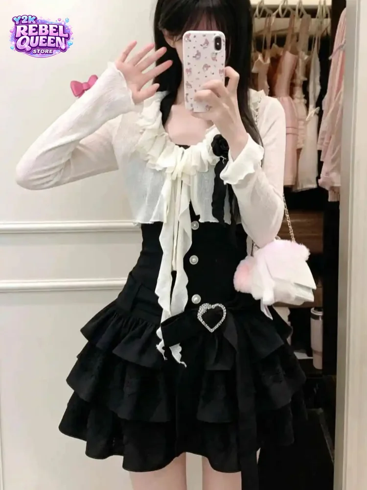 Japanese Vintage Fashion Sweet Gothic 2-Piece Set Women Slim Fit Button Ruffle Dress + Cardigan Y2K Party Casual Chic Outfits
Japanese Vintage Fashion Sweet Gothic 2-Piece Set Women Slim Fit Button Ruffle Dress + Cardigan Y2K Party Casual Chic Outfits