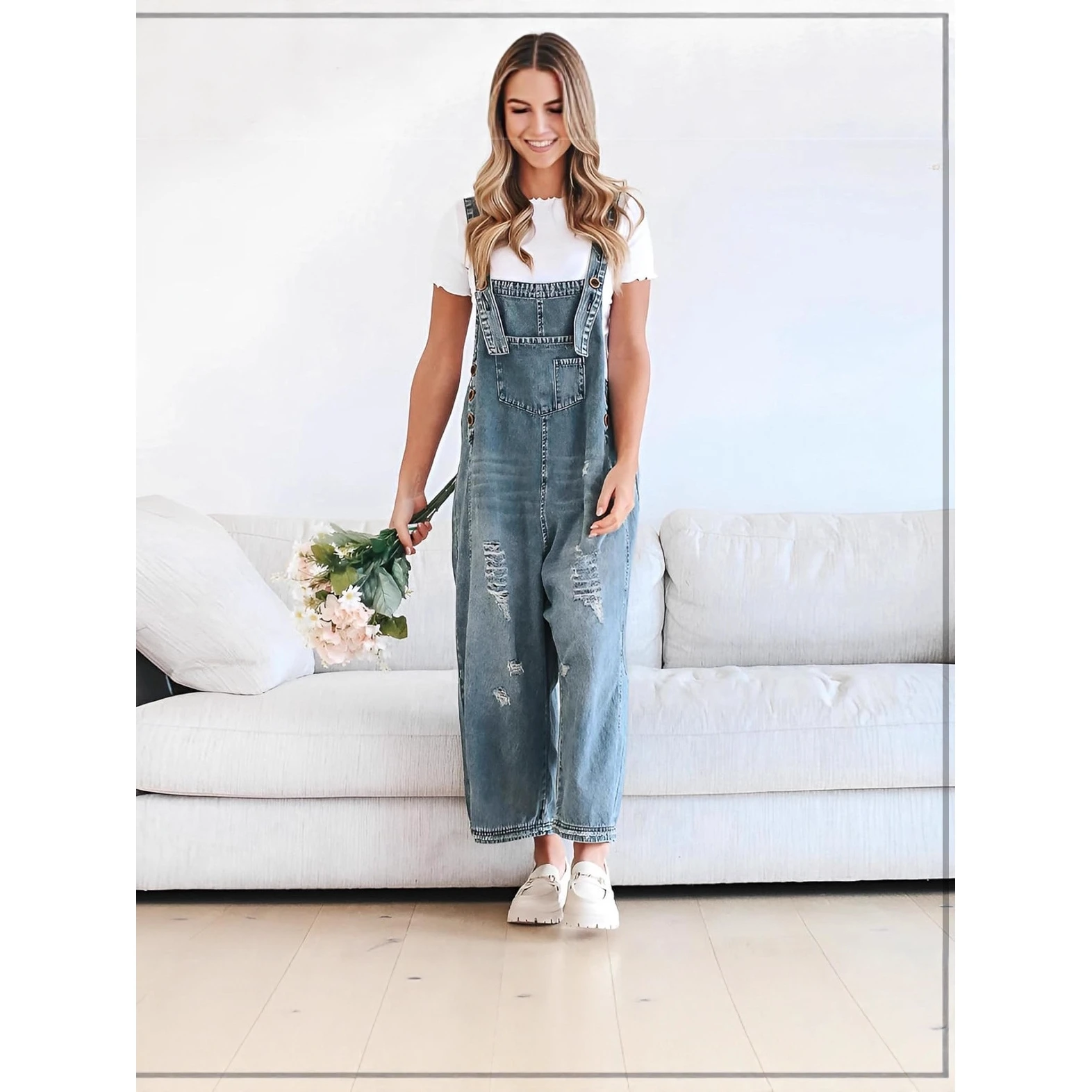 Fashionable Vintage Distressed Wide Leg Comfortable Women's Overalls Denim Utility Pants Commute Style Nine Points Jeans
Fashionable Vintage Distressed Wide Leg Comfortable Women's Overalls Denim Utility Pants Commute Style Nine Points Jeans