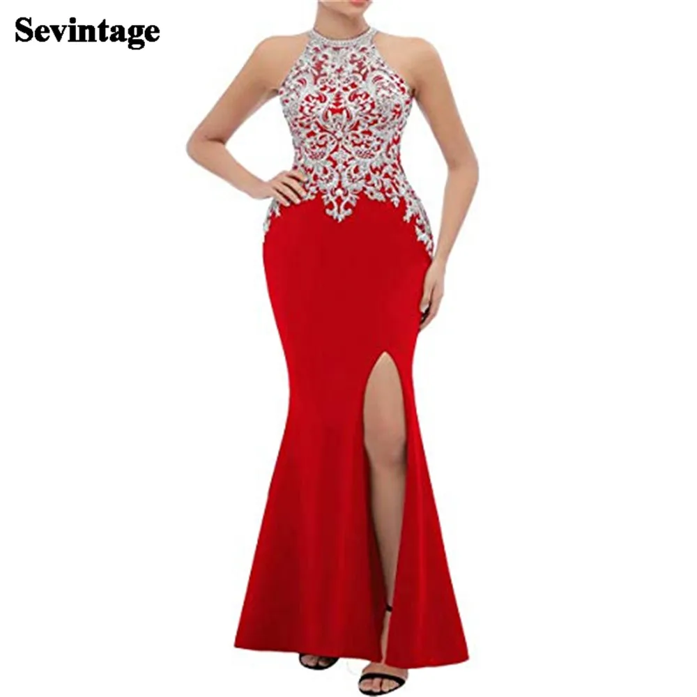 Sevintage Elegant Red Mermaid Sheath Prom Dress Halter Sexy Backless Ankle Length Lace Appliques Evening Dress vestido de gala
Sevintage Elegant Red Mermaid Sheath Prom Dress Halter Sexy Backless Ankle Length Lace Appliques Evening Dress vestido de gala