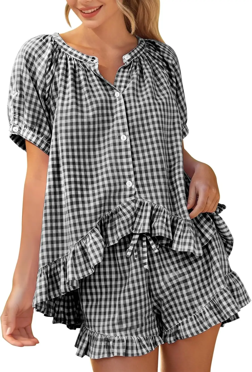 Women's Gingham 2 Piece Pajama Set Cotton Pj Ruffle Babydoll Short Sleeve Shirt Lounge Shorts Summer Outfits
Women's Gingham 2 Piece Pajama Set Cotton Pj Ruffle Babydoll Short Sleeve Shirt Lounge Shorts Summer Outfits