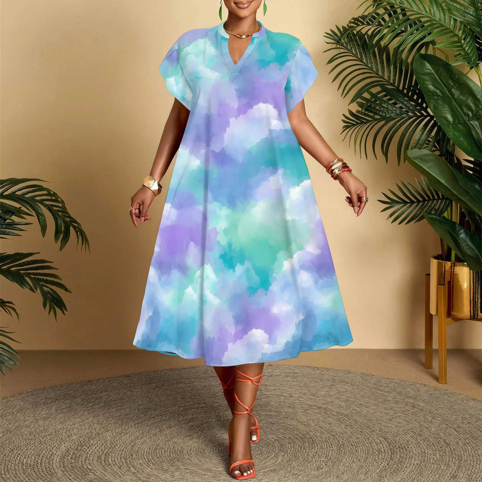 Cloud Print V-Neck Dress, Tie-Dye Pattern Colorful Gradient, Short Sleeve Casual Style, Summer Beach Wear for Women, XS-3XL
Cloud Print V-Neck Dress, Tie-Dye Pattern Colorful Gradient, Short Sleeve Casual Style, Summer Beach Wear for Women, XS-3XL