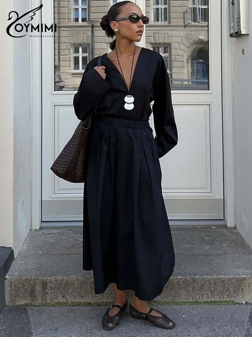 Oymimi Fashion Black Cotton Two Piece Set For Woman Elegant V-Neck Long Sleeve Tops And Loose High Waist Mid-Calf Skirts Sets
Oymimi Fashion Black Cotton Two Piece Set For Woman Elegant V-Neck Long Sleeve Tops And Loose High Waist Mid-Calf Skirts Sets