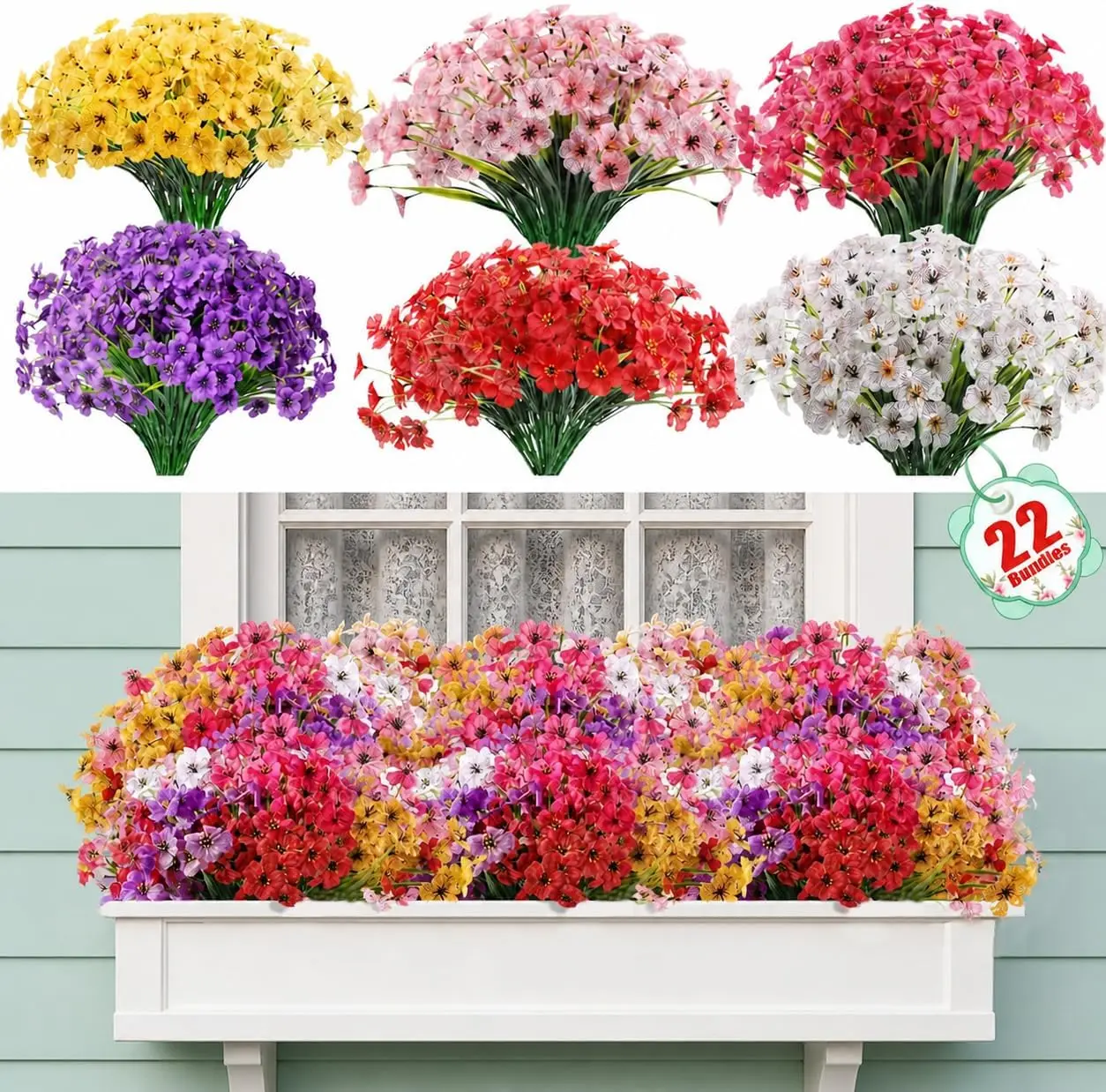22 Bundles UV Resistant Artificial Flowers for Outdoor Indoor Decor, Faux Silk Plants for Porch Hanging Planter Window Box Spring Garden Decoration (Multi-Color)
22 Bundles UV Resistant Artificial Flowers for Outdoor Indoor Decor, Faux Silk Plants for Porch Hanging Planter Window Box Spring Garden Decoration (Multi-Color)