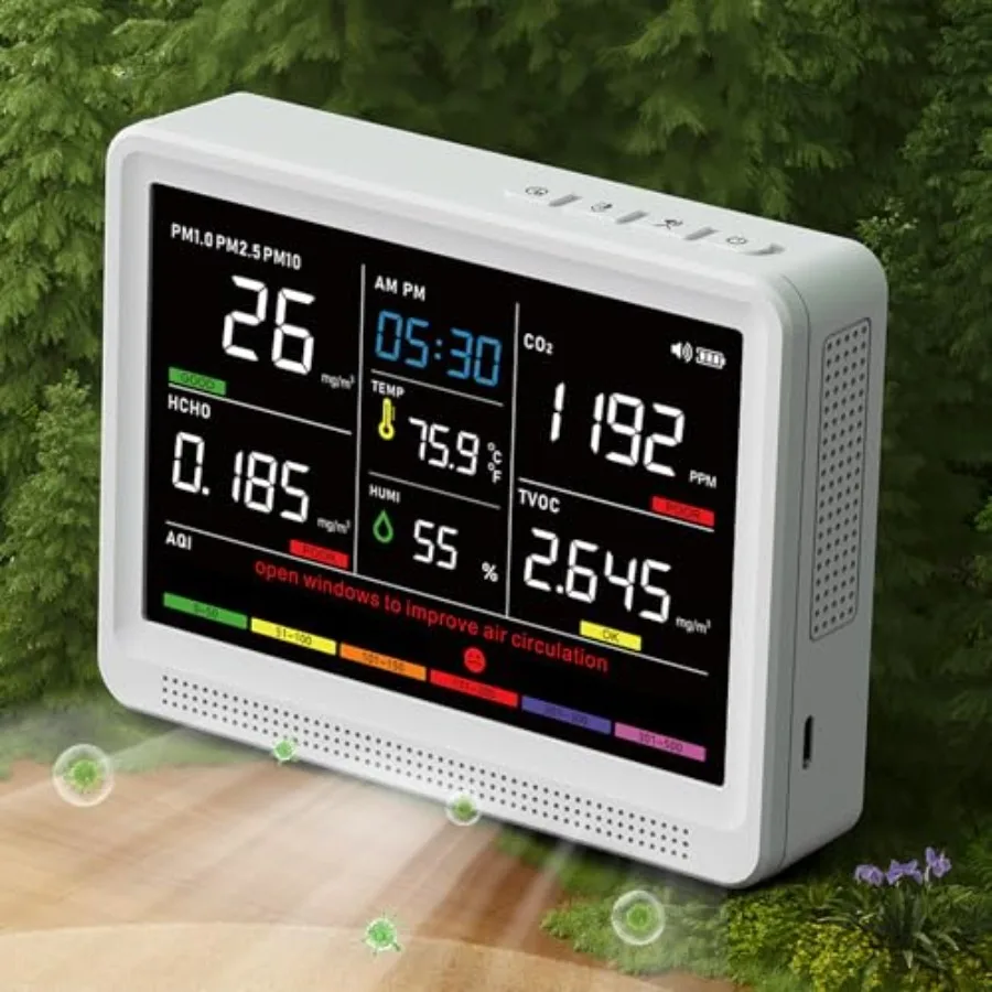 16 in 1 Air Quality Monitor Indoor 10h-Battery and 5.5" Display 9 AQI+7 AQI Alerts CO2 Monitor Air Quality Tester for CO2 TVOC
16 in 1 Air Quality Monitor Indoor 10h-Battery and 5.5" Display 9 AQI+7 AQI Alerts CO2 Monitor Air Quality Tester for CO2 TVOC