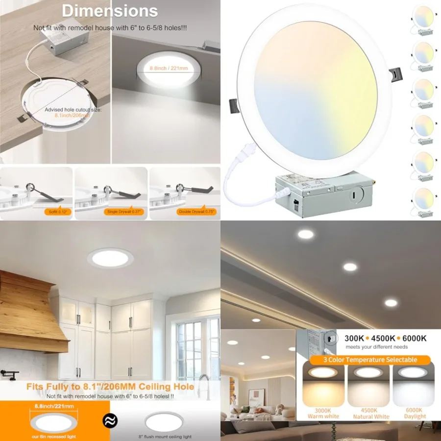6 Pack 8 Inch LED Recessed Lighting with Junction Box Ultra-Thin, 3000K/4500K/6000K Selectable, 8" Dimmable Canless LED Downlig
6 Pack 8 Inch LED Recessed Lighting with Junction Box Ultra-Thin, 3000K/4500K/6000K Selectable, 8" Dimmable Canless LED Downlig