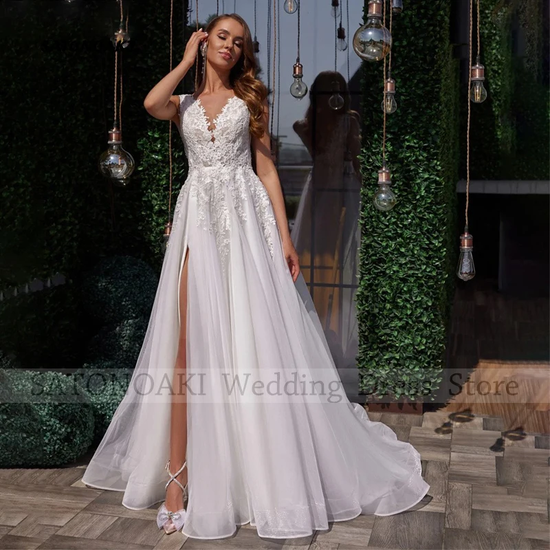 Elegant Simple Side Split Lace V-Neck Wedding Dresses for Women A-Line Sweep Train Backless Bride Gown Vestidos De Novia Custom
Elegant Simple Side Split Lace V-Neck Wedding Dresses for Women A-Line Sweep Train Backless Bride Gown Vestidos De Novia Custom