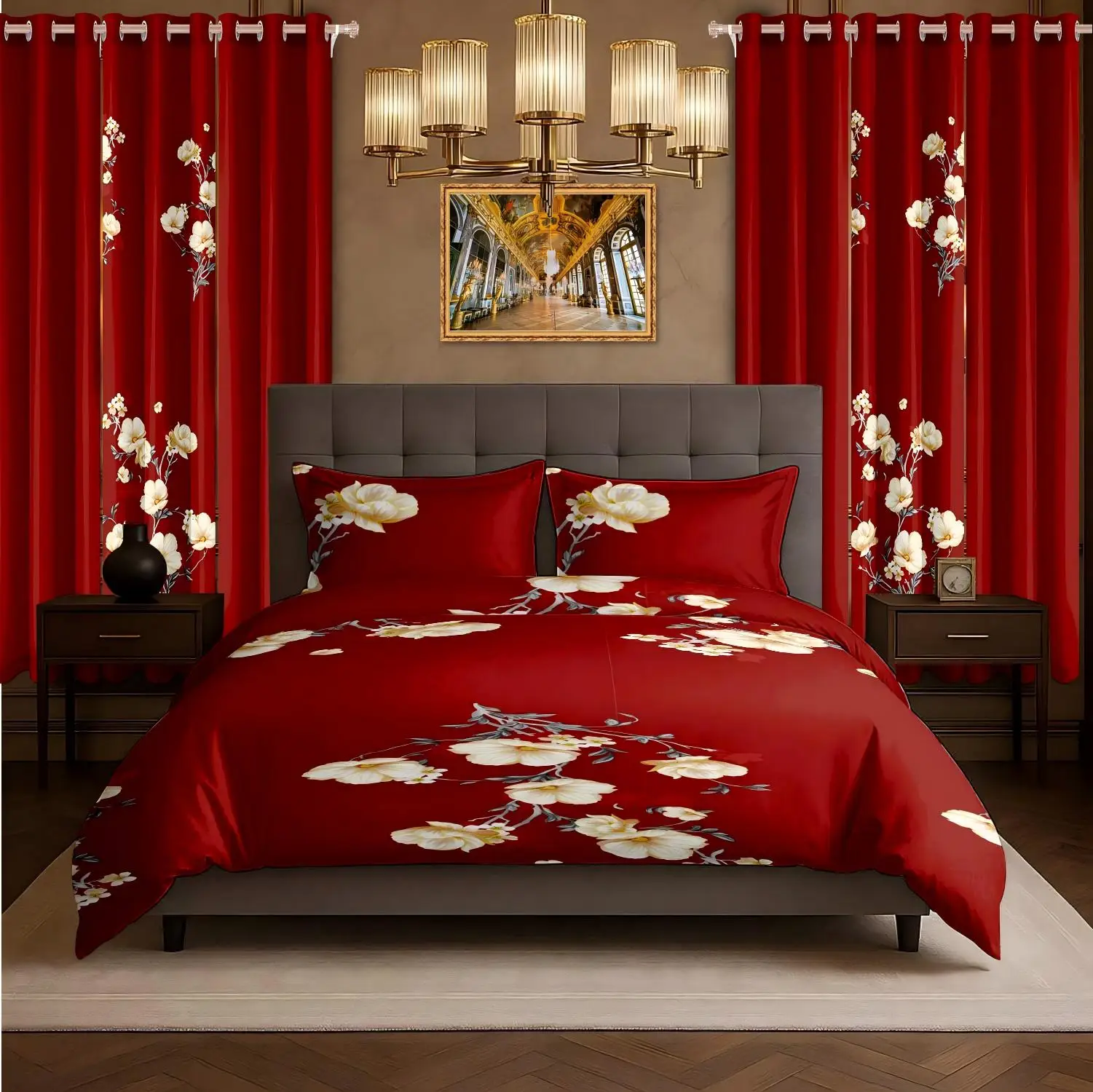 Bamboo Microfiber 9 piece Bedding And Curtain Set, Including 1 Bedspread, 2 Pillows, 4 Solid Curtains, And 2 Printed Curtains.
Bamboo Microfiber 9 piece Bedding And Curtain Set, Including 1 Bedspread, 2 Pillows, 4 Solid Curtains, And 2 Printed Curtains.