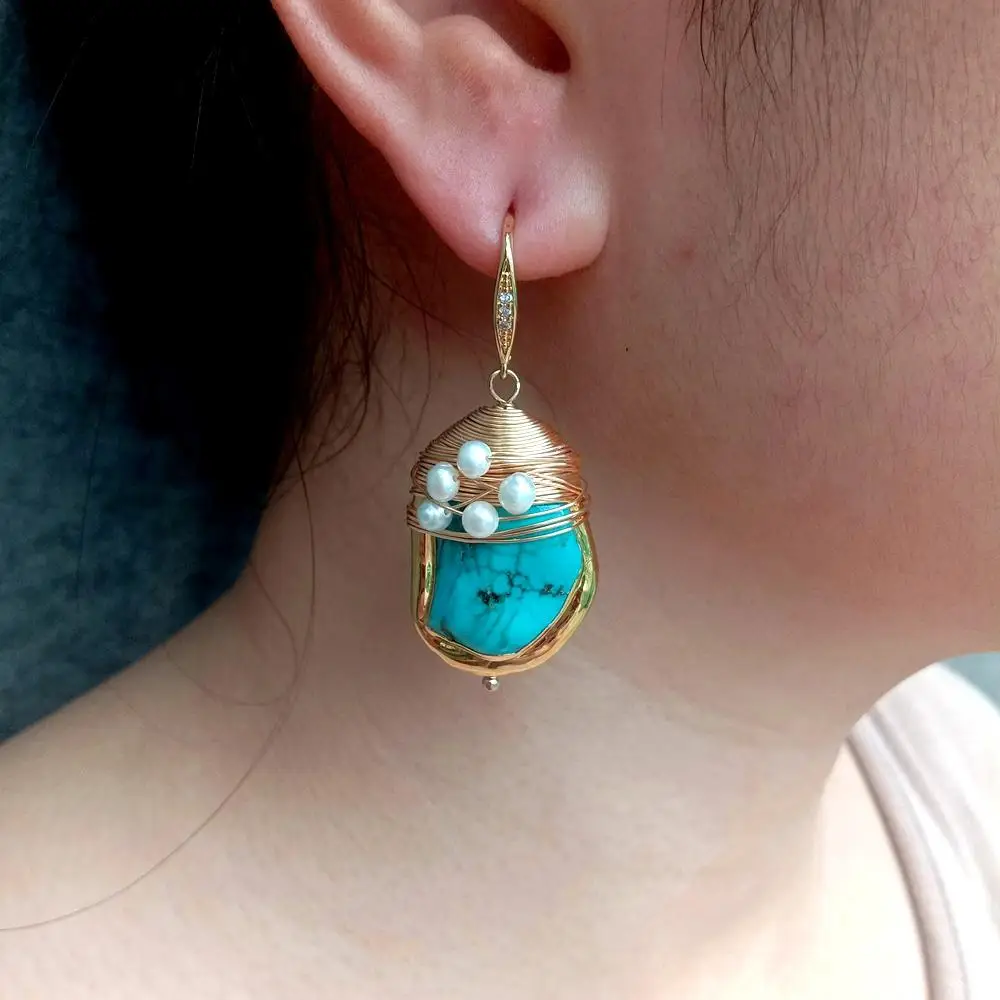 KKGEM 21x27mm Blue Turquoise Nugget Cultured White Pearl Gold Plated Twist Hook Dangle Earrings Stone Jewelry
KKGEM 21x27mm Blue Turquoise Nugget Cultured White Pearl Gold Plated Twist Hook Dangle Earrings Stone Jewelry