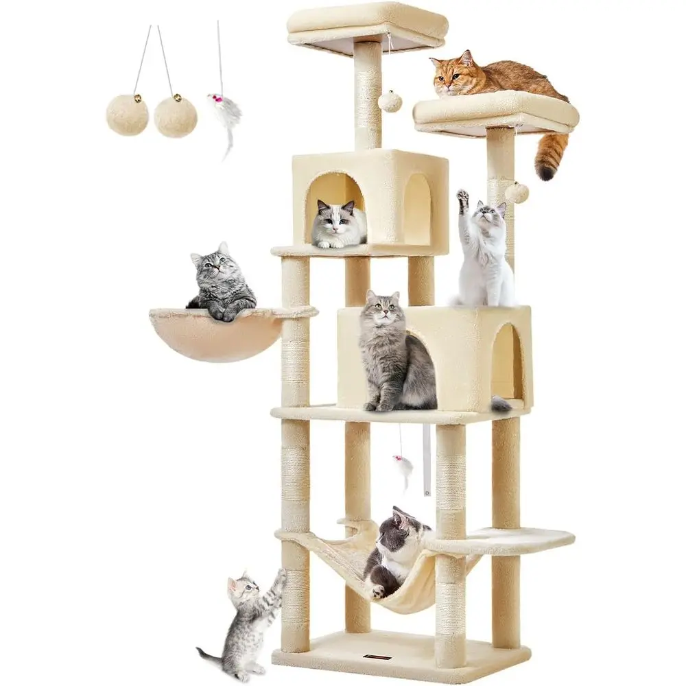 Многоуровневая бежевая кошачья лежанка-башня 66.2 с 7 столбиками для царапания, 2 платформами, 2 пещерами, гамаком и помпонами
Многоуровневая бежевая кошачья лежанка-башня 66.2 с 7 столбиками для царапания, 2 платформами, 2 пещерами, гамаком и помпонами