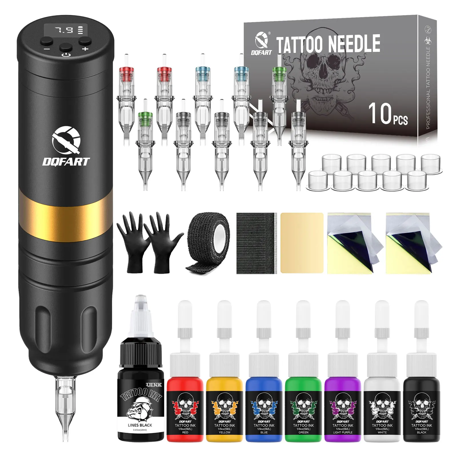 Комплект беспроводного тату-пистолета DQFART с блоком питания 1500 мАч, набор для татуировки для начинающих, включая 10 игл для татуировки, 7 чернил для татуировки
Комплект беспроводного тату-пистолета DQFART с блоком питания 1500 мАч, набор для татуировки для начинающих, включая 10 игл для татуировки, 7 чернил для татуировки