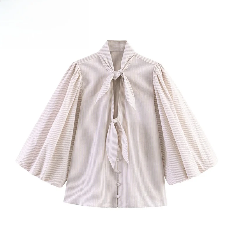 Faionable Striped irt with Knot Design Polyester Fiber Lantern Sve Women's irt Breathable Skin-Friendly
Faionable Striped irt with Knot Design Polyester Fiber Lantern Sve Women's irt Breathable Skin-Friendly