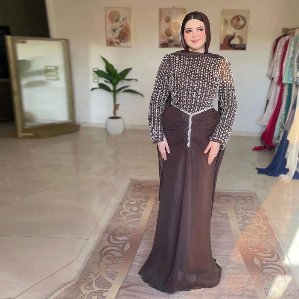 Customized Beaded Embroidery Hijab Evening Dress Brown Muslim Evening Gown for Wedding Guest Ruched Mermaid Prom Dresses
Customized Beaded Embroidery Hijab Evening Dress Brown Muslim Evening Gown for Wedding Guest Ruched Mermaid Prom Dresses