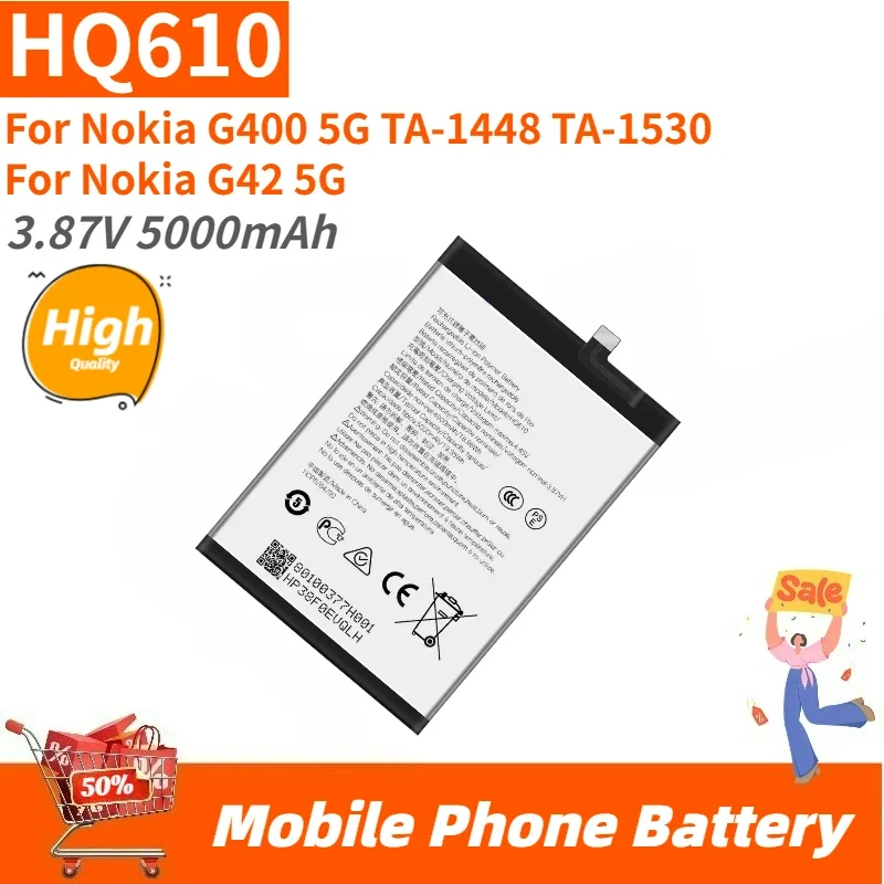 High Quality HQ610 Mobile Phone Battery 3.87V 5000mAh For Nokia G400 5G TA-1448 TA-1530 Brand New Replacement Battery
High Quality HQ610 Mobile Phone Battery 3.87V 5000mAh For Nokia G400 5G TA-1448 TA-1530 Brand New Replacement Battery
