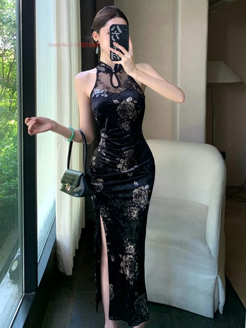2021, китайское винтажное бархатное Ципао, Cheongsam без рукавов, вечернее платье с цветочным принтом, традиционное народное платье Ципао для ночного клуба, платье 
2021, китайское винтажное бархатное Ципао, Cheongsam без рукавов, вечернее платье с цветочным принтом, традиционное народное платье Ципао для ночного клуба, платье