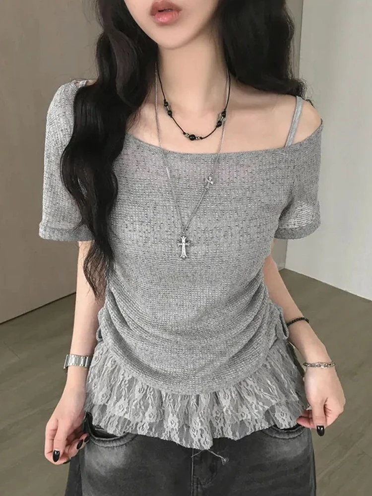 Y2K Aesthetic Two Piece Slash Neck Drawstring Grunge Women T-Shirt Streetwear Lace Patchwork Bodycon Vest 2 Suits Summer 
Y2K Aesthetic Two Piece Slash Neck Drawstring Grunge Women T-Shirt Streetwear Lace Patchwork Bodycon Vest 2 Suits Summer