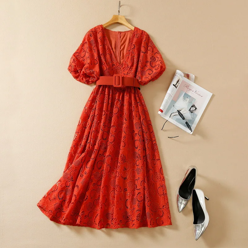 European and American women's wear spring 2022 new v-neck lantern sleeve hollow water soluble flower Pleated belt red dress XXL
European and American women's wear spring 2022 new v-neck lantern sleeve hollow water soluble flower Pleated belt red dress XXL