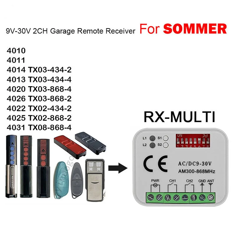 9 В-30 В 300 МГц-868 МГц RX-MULTI для SOMMER 4010 4011 4014 TX03-434-2 4013 TX03-434-4 4020 TX03-868-4 Пульт дистанционного управления гаражными воротами 
9 В-30 В 300 МГц-868 МГц RX-MULTI для SOMMER 4010 4011 4014 TX03-434-2 4013 TX03-434-4 4020 TX03-868-4 Пульт дистанционного управления гаражными воротами