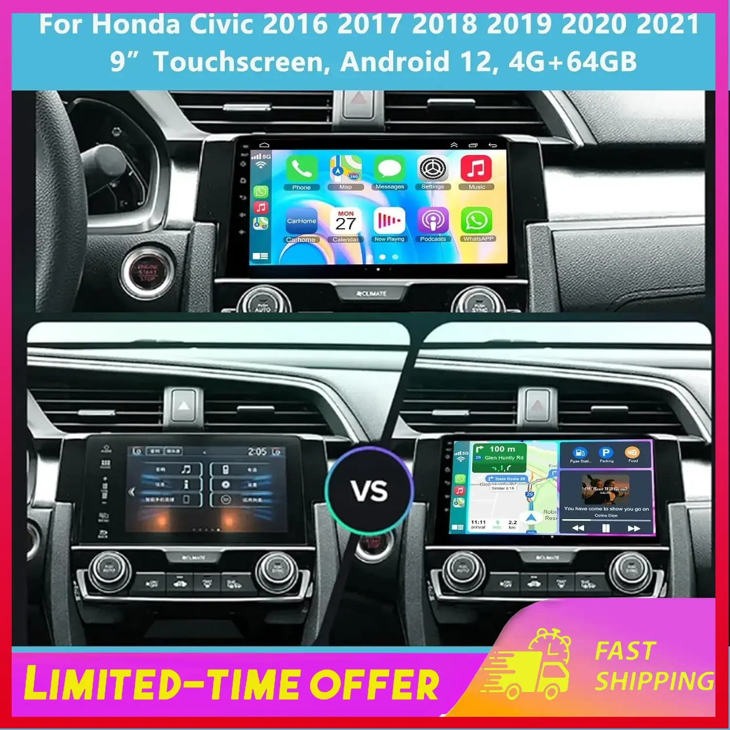 Car Stereo for Honda Civic 2016-2020 9" Touch Screen Radio Wireless for CarPlay Android Auto FM Radio Backup 4G 64GB Multimedia
Car Stereo for Honda Civic 2016-2020 9" Touch Screen Radio Wireless for CarPlay Android Auto FM Radio Backup 4G 64GB Multimedia