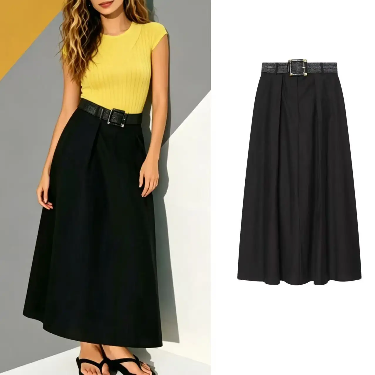 Commuter style, versatile black, high-waisted, with belt layered decoration, A-line hem skirt, 2026 summer new style
Commuter style, versatile black, high-waisted, with belt layered decoration, A-line hem skirt, 2026 summer new style