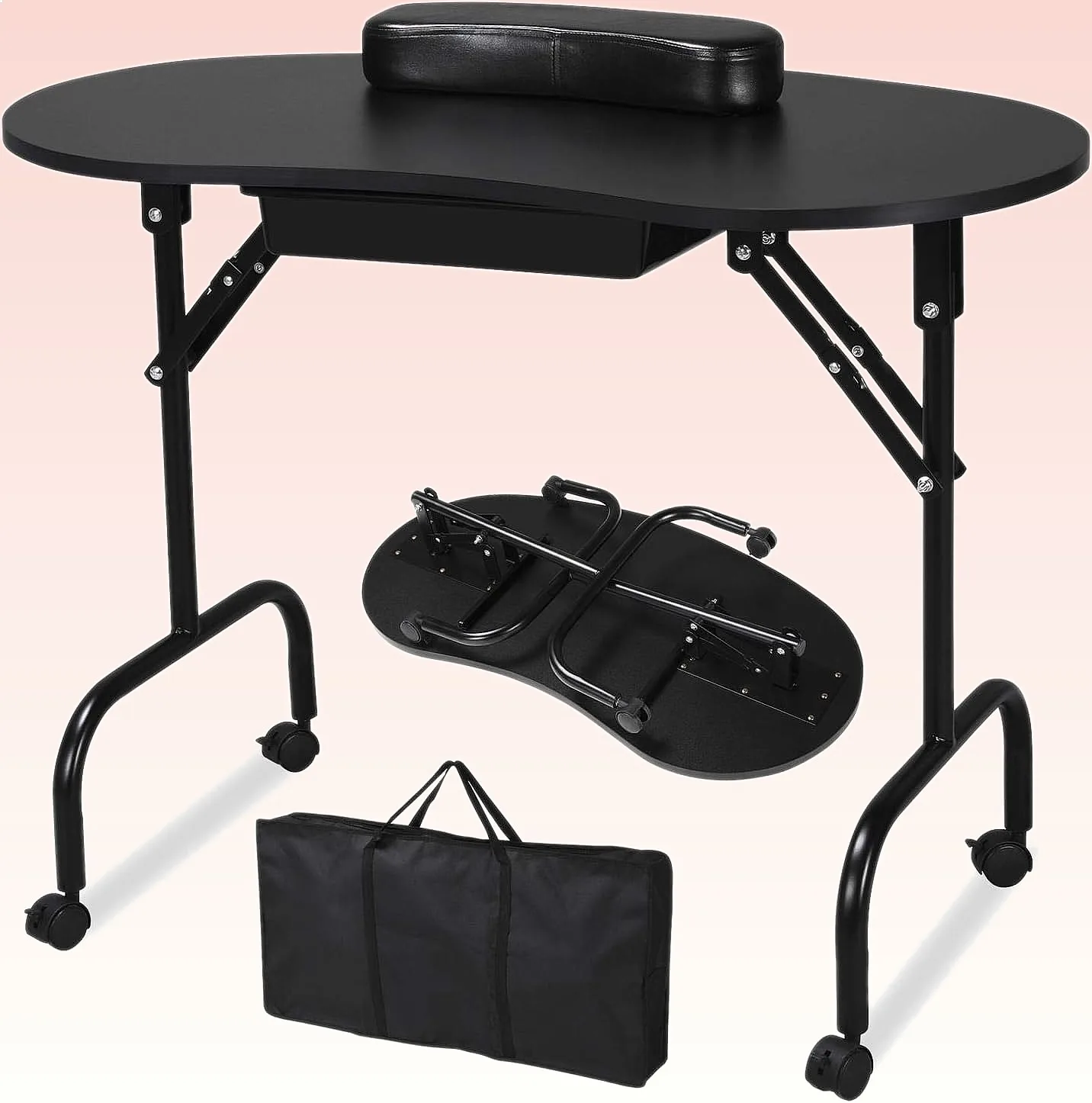 37in Portable Foldable Manicure Table Nail Desk with Drawer Wrist Pad Wheels Carrying Case Black
37in Portable Foldable Manicure Table Nail Desk with Drawer Wrist Pad Wheels Carrying Case Black