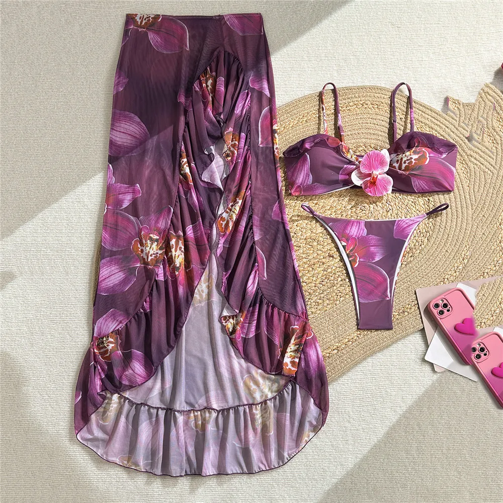 Purple Flower Print 3 Piece Bikini Set Micro Thong Swimsuit with Skirt Cover Up 3D Flower Swimwear Brazilian Bikinis Mujer 2026
Purple Flower Print 3 Piece Bikini Set Micro Thong Swimsuit with Skirt Cover Up 3D Flower Swimwear Brazilian Bikinis Mujer 2026