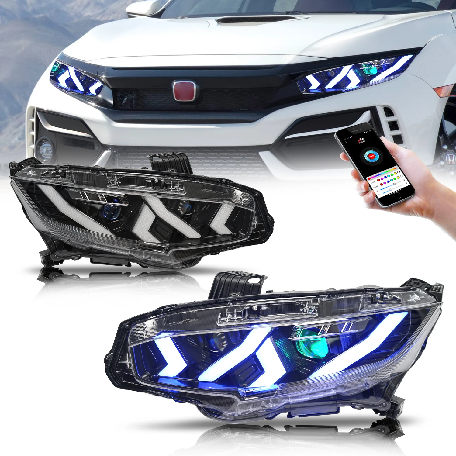 Светодиодные фары RGB для Honda Civic 10-го поколения 2016-2021 гг. с последовательным указателем поворота, анимацией запуску Plug & Play
Светодиодные фары RGB для Honda Civic 10-го поколения 2016-2021 гг. с последовательным указателем поворота, анимацией запуску Plug & Play