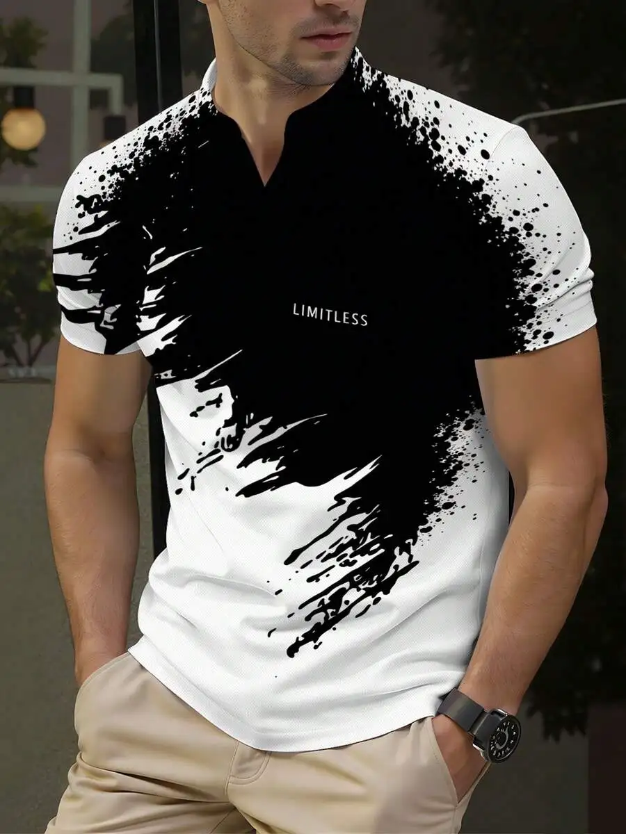 Mens Stand Collar Shirt With Black White Splash Print And Limitless Text
Mens Stand Collar Shirt With Black White Splash Print And Limitless Text