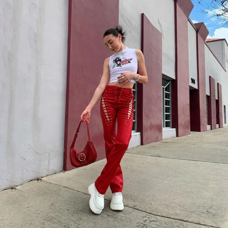 Y2K Hollow Out Lace-up PU Leather Harajuku Vintage High Waist Bandage Red Trousers Grunge Punk Streetwear High Waisted Pants
Y2K Hollow Out Lace-up PU Leather Harajuku Vintage High Waist Bandage Red Trousers Grunge Punk Streetwear High Waisted Pants