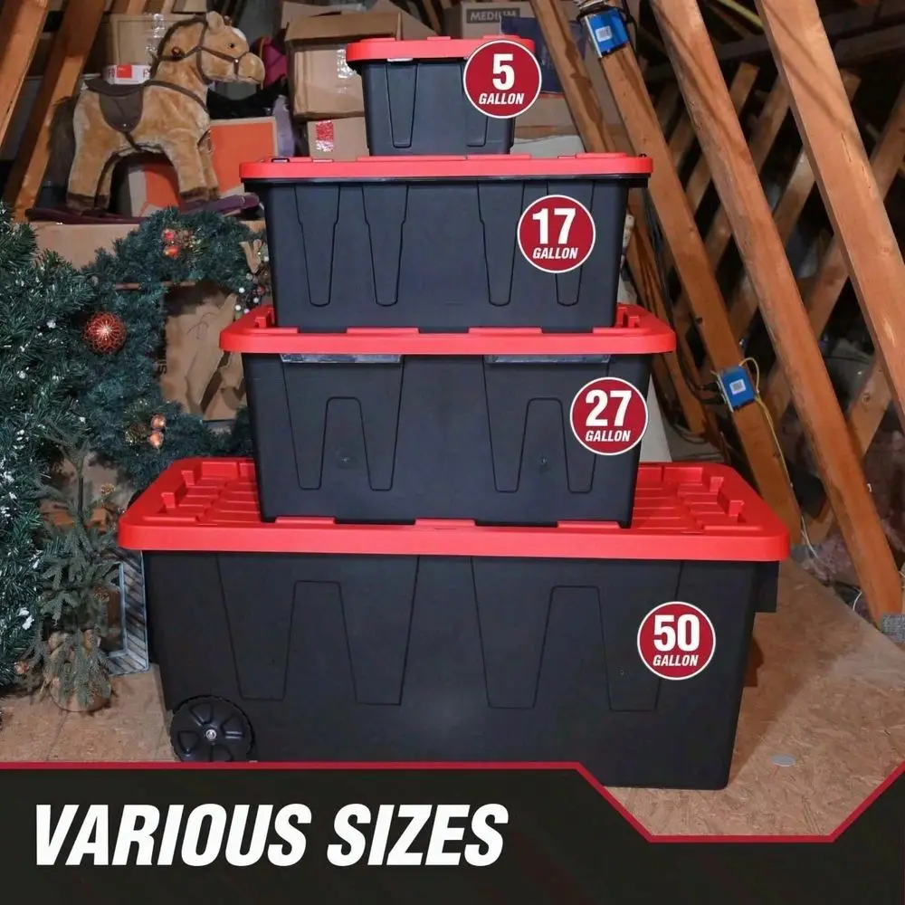 Of 4 27 Gallon Large Storage Bin With Snap Lid, Black And Red, Heavy Duty Plastic Storage Container
Of 4 27 Gallon Large Storage Bin With Snap Lid, Black And Red, Heavy Duty Plastic Storage Container
