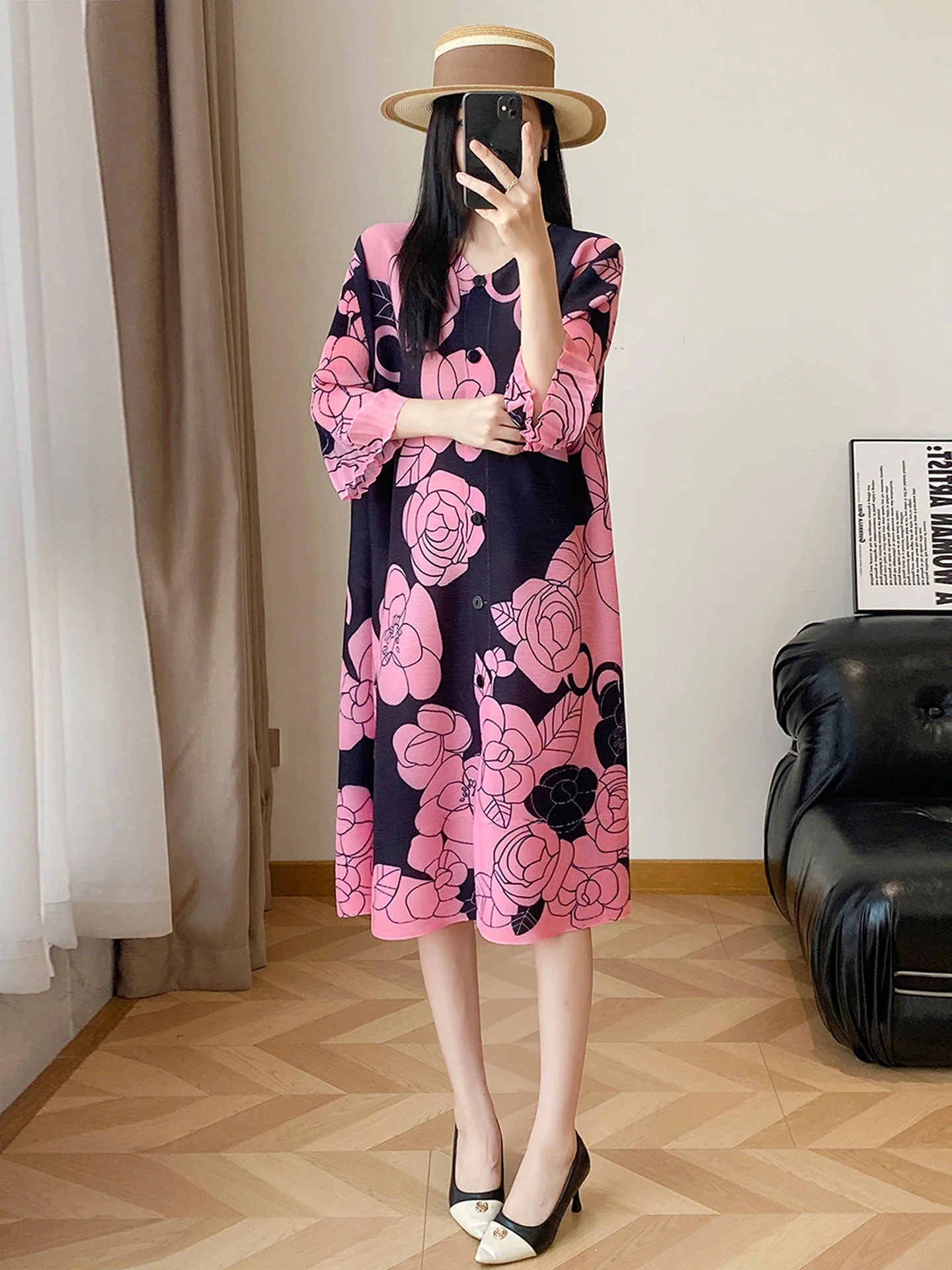 Chic Pleated Midi Dress Women's 3/4 Sleeve Floral Print Slimming Anti-Aging plus Size Casual A-Line Skirt Polyester Fiber
Chic Pleated Midi Dress Women's 3/4 Sleeve Floral Print Slimming Anti-Aging plus Size Casual A-Line Skirt Polyester Fiber