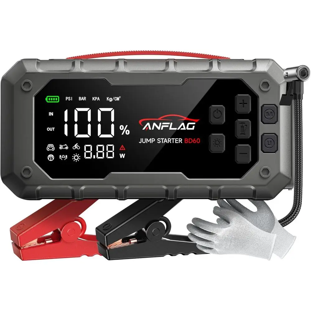 All-In-One 8000A Car Jump Starter with Air Compressor, 160PSI Pump, Portable Jumper Cable, and LED Lights
All-In-One 8000A Car Jump Starter with Air Compressor, 160PSI Pump, Portable Jumper Cable, and LED Lights