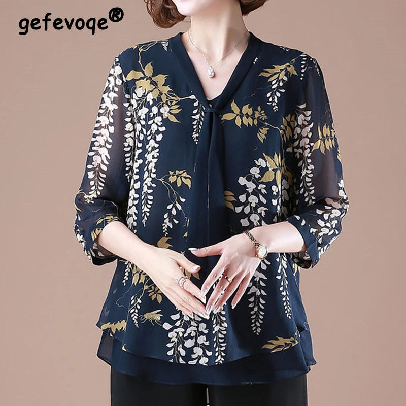 Elegant Fashion Women's Clothing Middle-aged Mother Loose Casual Tops Summer New V-neck Tie Printing Chiffon Shirt Blouse Female
Elegant Fashion Women's Clothing Middle-aged Mother Loose Casual Tops Summer New V-neck Tie Printing Chiffon Shirt Blouse Female
