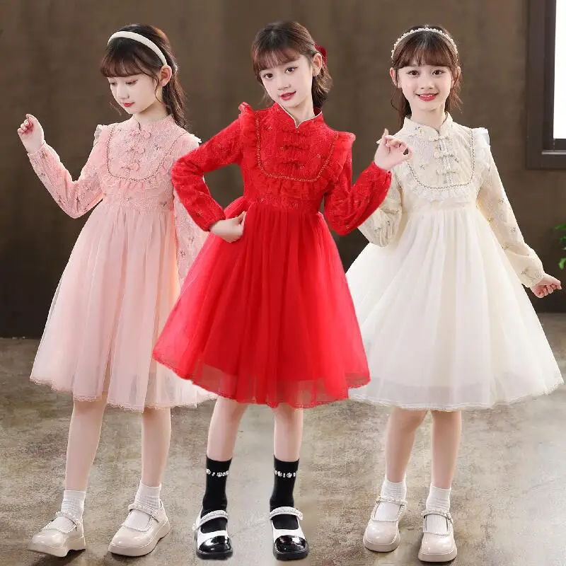 Girls' Dress Spring Improved Cheongsam Princess Dress Red Chinese Style Puffy Dress Performance Little Dress Tulle Dress
Girls' Dress Spring Improved Cheongsam Princess Dress Red Chinese Style Puffy Dress Performance Little Dress Tulle Dress