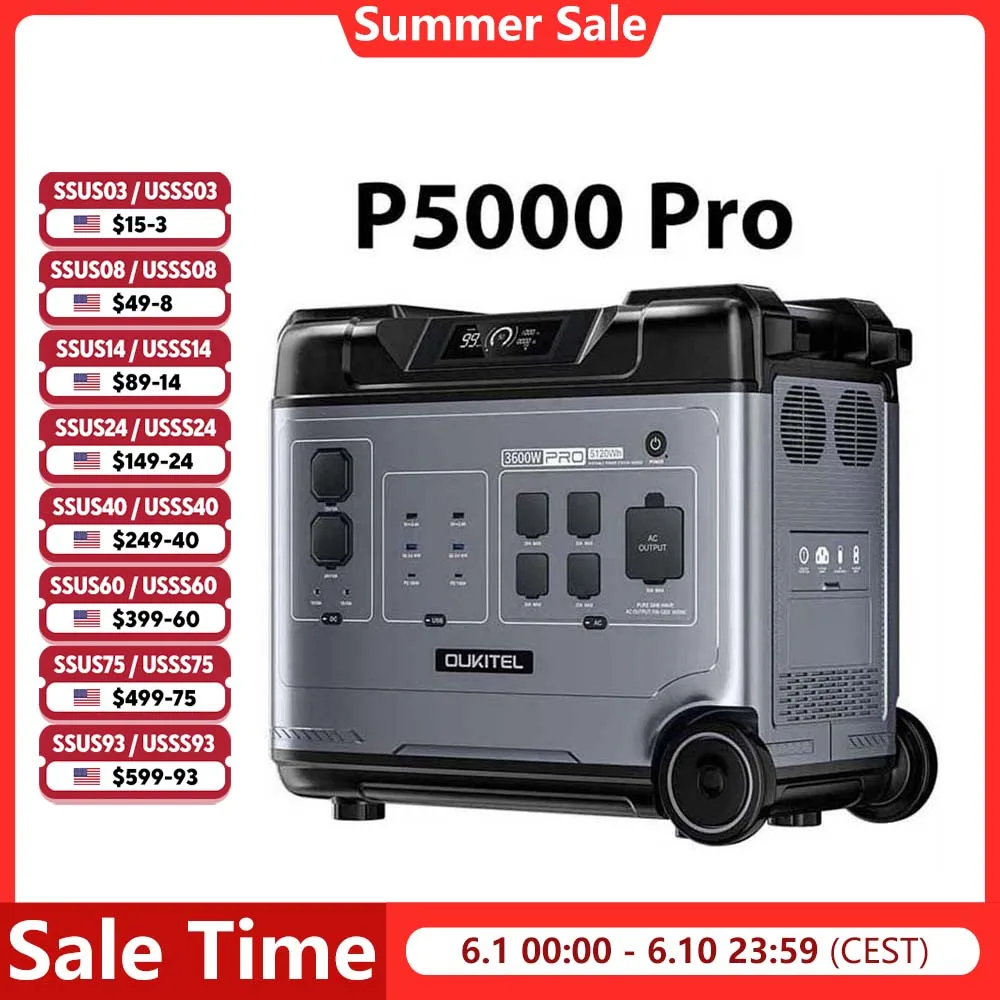 OUKITEL P5000 Pro Portable Power Station 5120Wh Solar Generator LiFePO4 Battery Fast Charging Emergencies for Home Camping
OUKITEL P5000 Pro Portable Power Station 5120Wh Solar Generator LiFePO4 Battery Fast Charging Emergencies for Home Camping