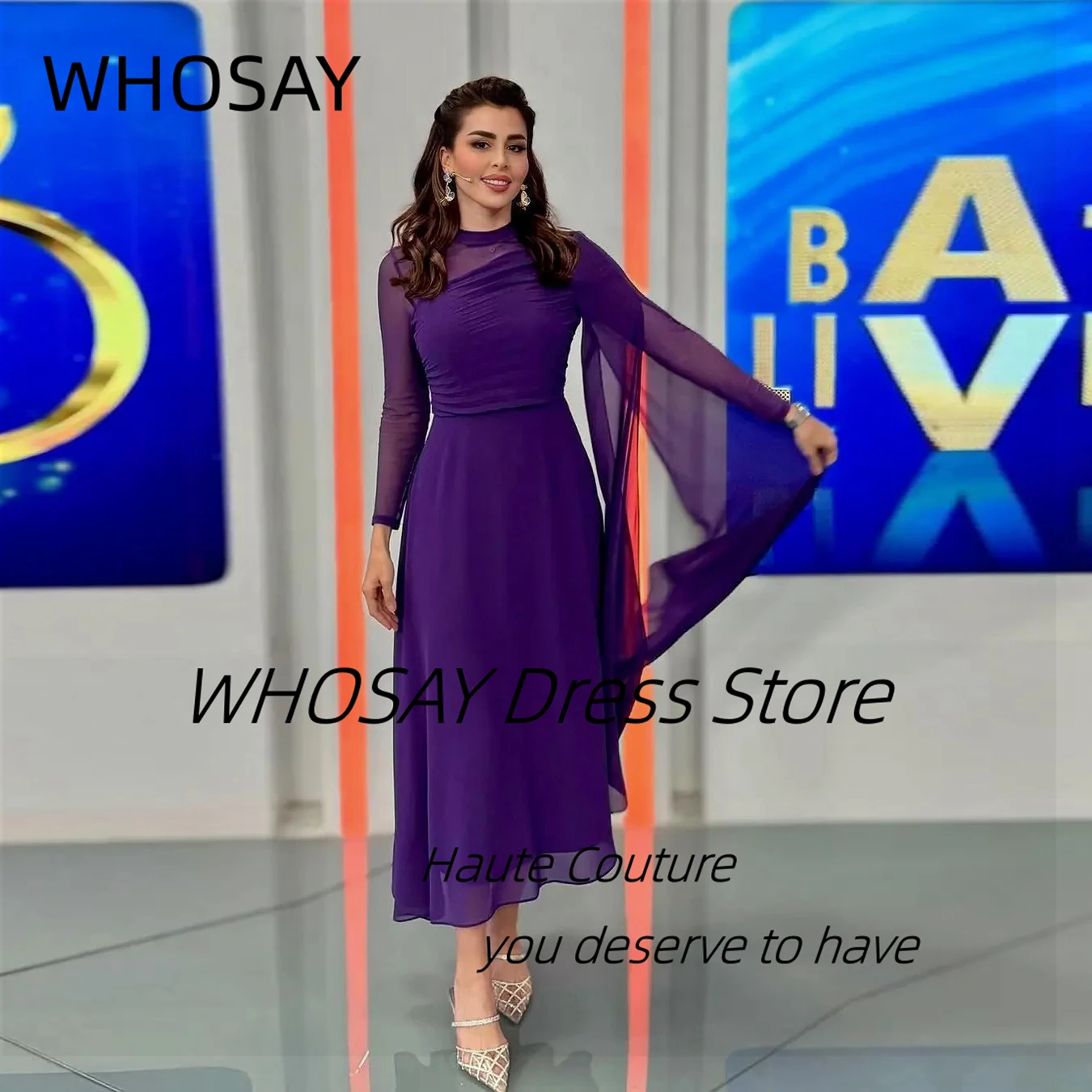 WHOSAY Customized Purple Chiffon Prom Dresses High Collar Long Sleeves Robes De Soirée Celebrity Women Evening Party Dress
WHOSAY Customized Purple Chiffon Prom Dresses High Collar Long Sleeves Robes De Soirée Celebrity Women Evening Party Dress