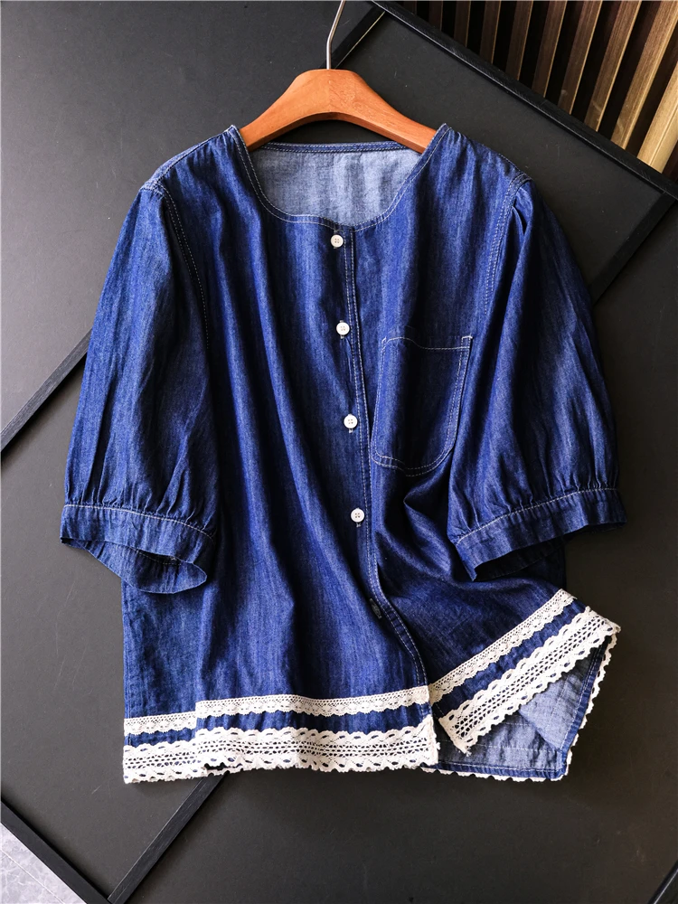 Loose Fit Bubble Sleeve Short Sleeve round Neck Cotton Denim Shirt Soft Thin Color Block Lace Splice Anti Aging Women's Shirt
Loose Fit Bubble Sleeve Short Sleeve round Neck Cotton Denim Shirt Soft Thin Color Block Lace Splice Anti Aging Women's Shirt