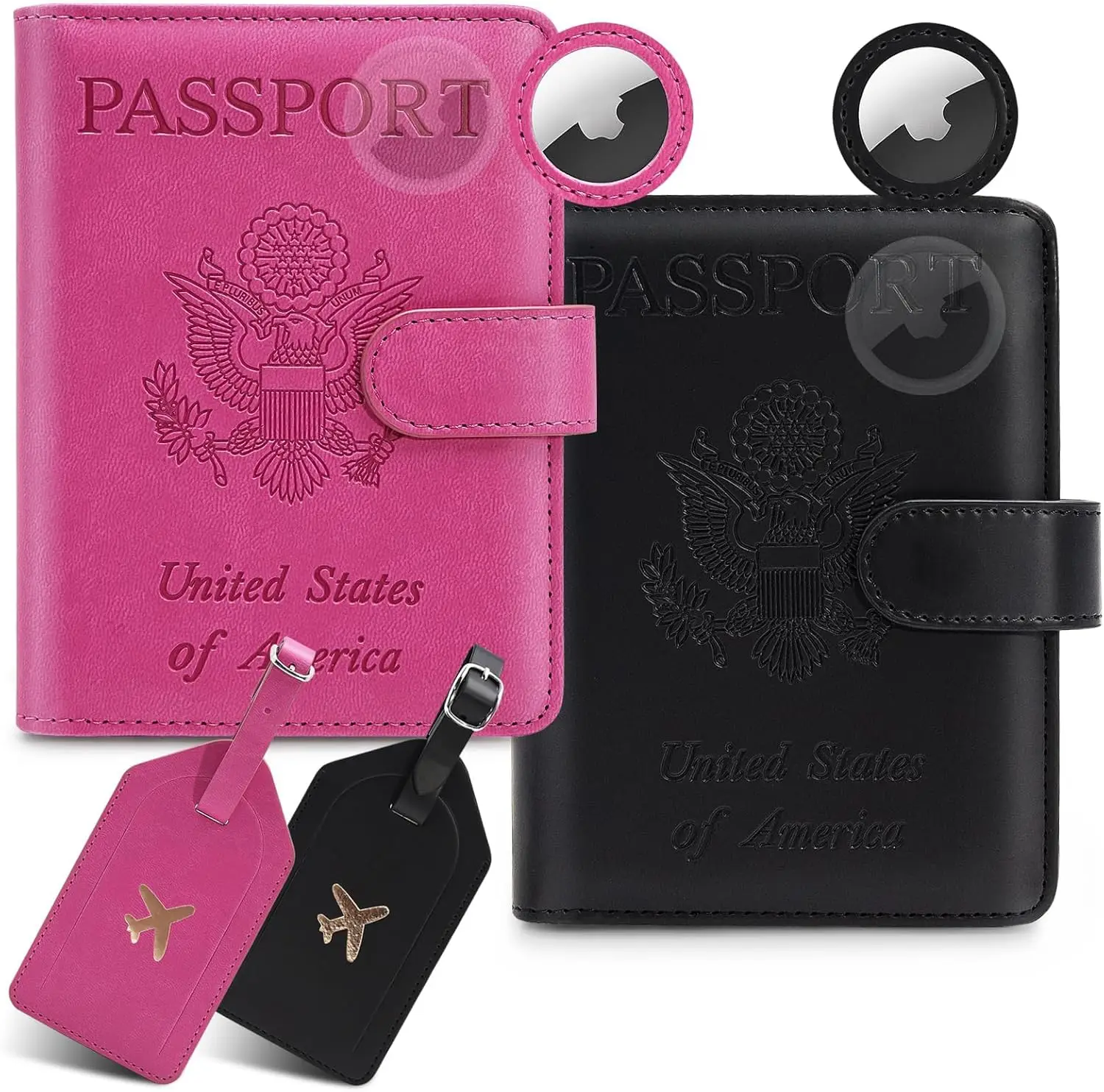 2 Pack RFID Blocking Passport Holder with AirTag Slot & Luggage Tag Cover, PU Leather Travel Wallet for Men and Women
2 Pack RFID Blocking Passport Holder with AirTag Slot & Luggage Tag Cover, PU Leather Travel Wallet for Men and Women