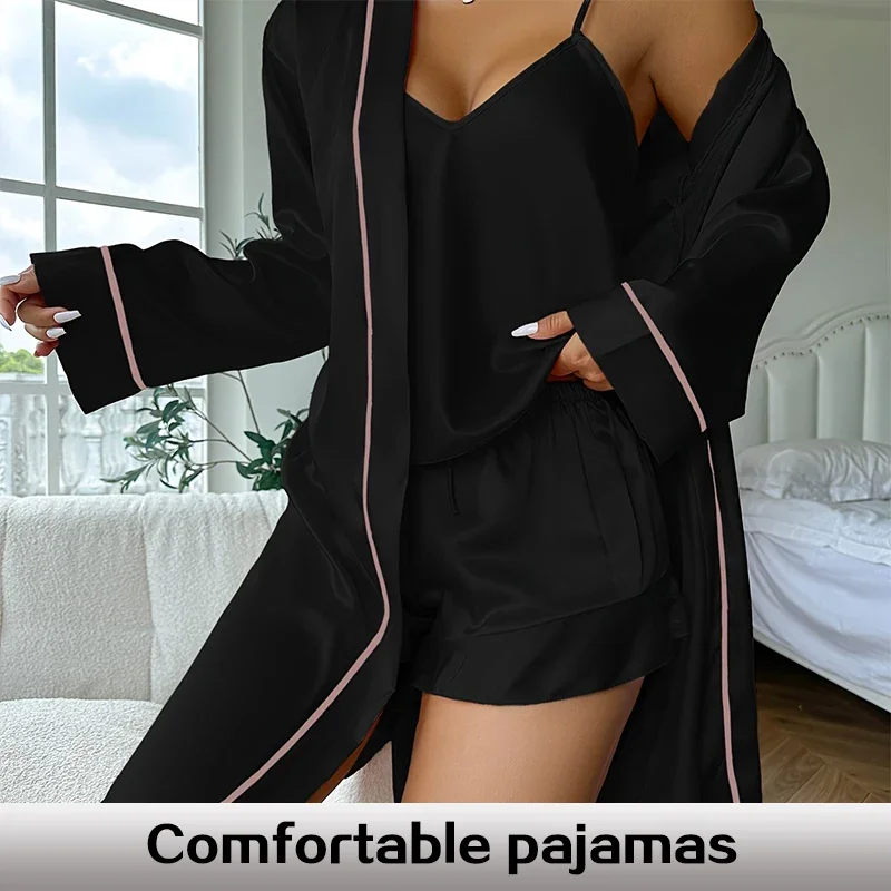 Women's Satin Three Piece Short Robe V-Neck Suspender Home Pajama Set, Women's Solid Color Line Trim Decoration Home Pajama Set
Women's Satin Three Piece Short Robe V-Neck Suspender Home Pajama Set, Women's Solid Color Line Trim Decoration Home Pajama Set