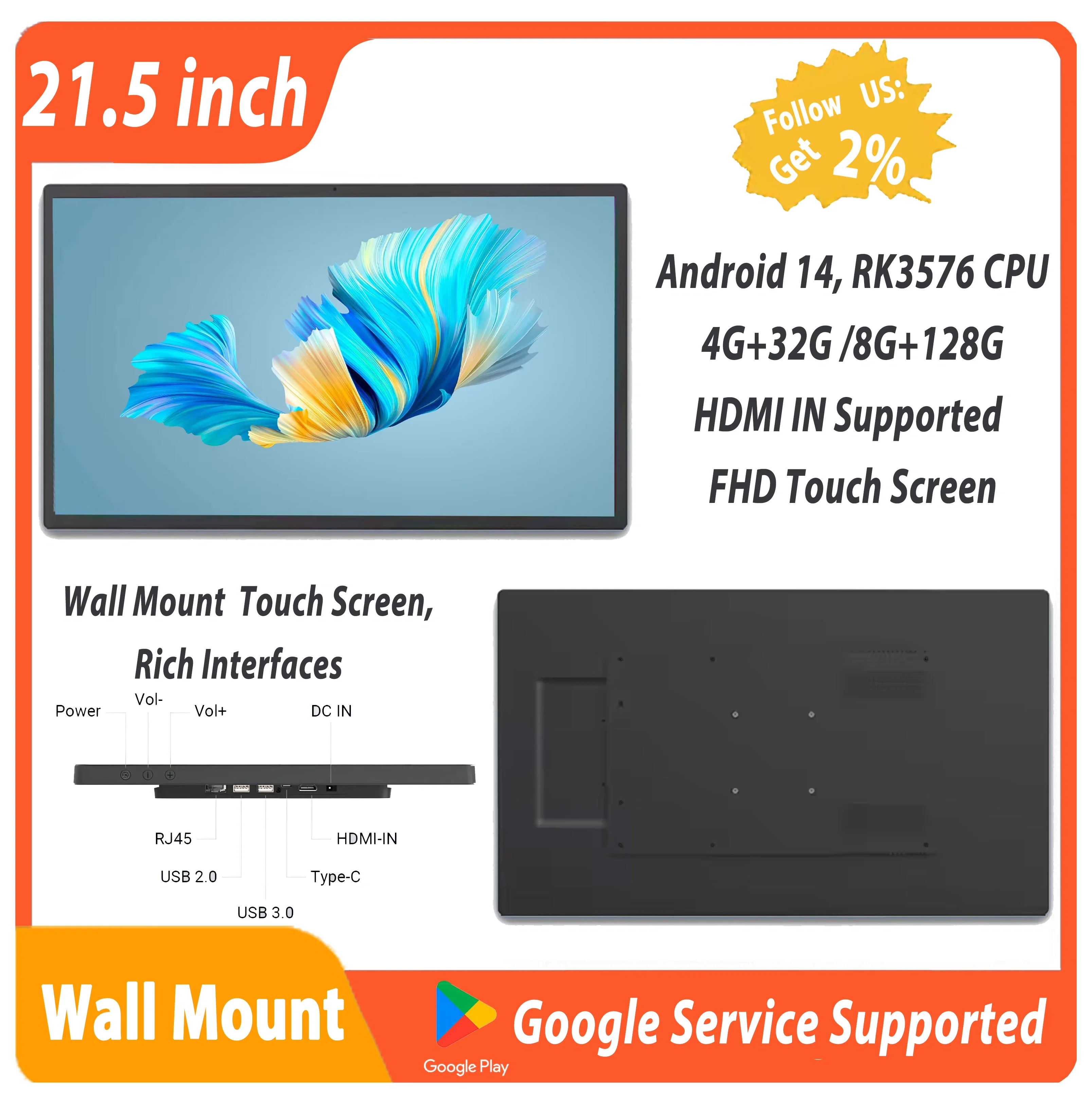 Thin Edge Android 13 Tablet 21.5 inch Wall mount Touch Screen 1920*1080 IPS HDMI Input Display POE 8MP Camera Digital Signage
Thin Edge Android 13 Tablet 21.5 inch Wall mount Touch Screen 1920*1080 IPS HDMI Input Display POE 8MP Camera Digital Signage
