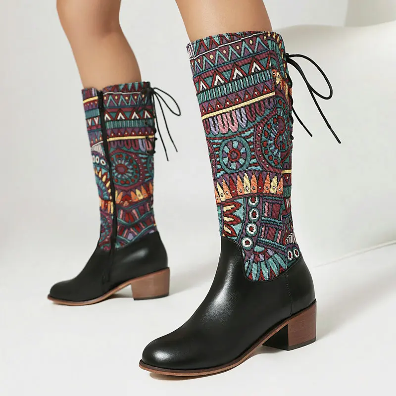 Womens Knee High Boots Round Toe Bohemian Ethnic Print Lace-Up Mid-Heel Knee-High Boots for Women Comfort Cowboy Booties
Womens Knee High Boots Round Toe Bohemian Ethnic Print Lace-Up Mid-Heel Knee-High Boots for Women Comfort Cowboy Booties