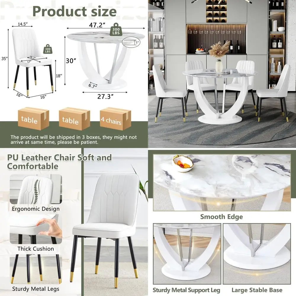 47 Marble Kitchen Table with 4 White PU Upholstered Chairs Set
47 Marble Kitchen Table with 4 White PU Upholstered Chairs Set