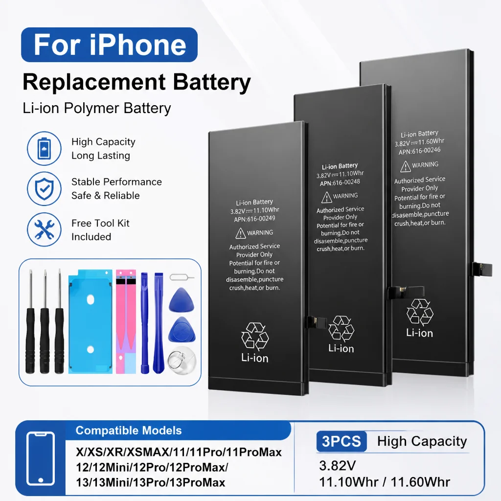 Premium Replacement Phone Battery For iPhone X XR XS 11 12 13 Mini Pro Max, High Capacity Repair Cell With Free Tool Kit
Premium Replacement Phone Battery For iPhone X XR XS 11 12 13 Mini Pro Max, High Capacity Repair Cell With Free Tool Kit