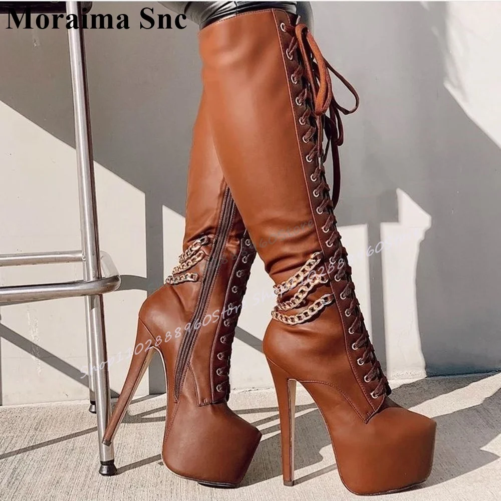 Knee High Brown Metal Chain Platform Cross Tied Boots Thin High Heel Women Shoes Side Zipper Pointed Toe Zapatos Para Mujere
Knee High Brown Metal Chain Platform Cross Tied Boots Thin High Heel Women Shoes Side Zipper Pointed Toe Zapatos Para Mujere